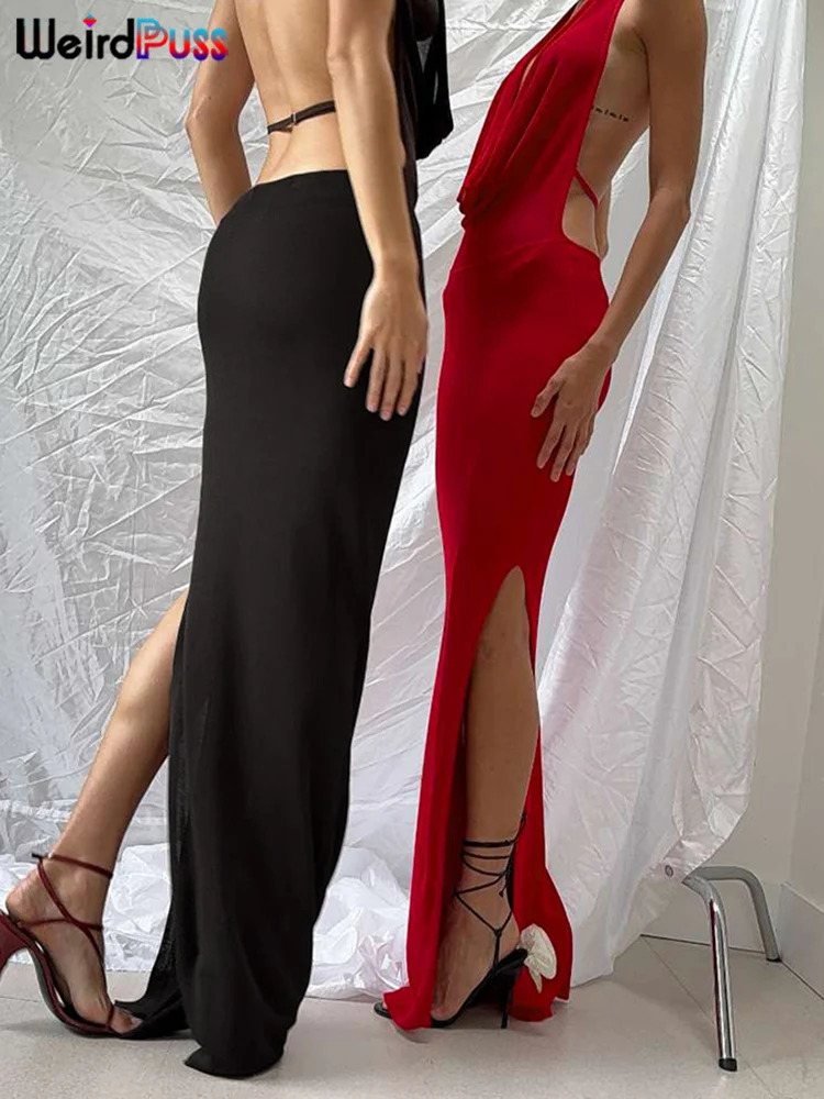 Weird Puss Hollow Halter Dress Women LowNeck Backless Sexy Sleeveless Slits Robe Trend Midnight Banquet Coquettish Long Bodycon 250222