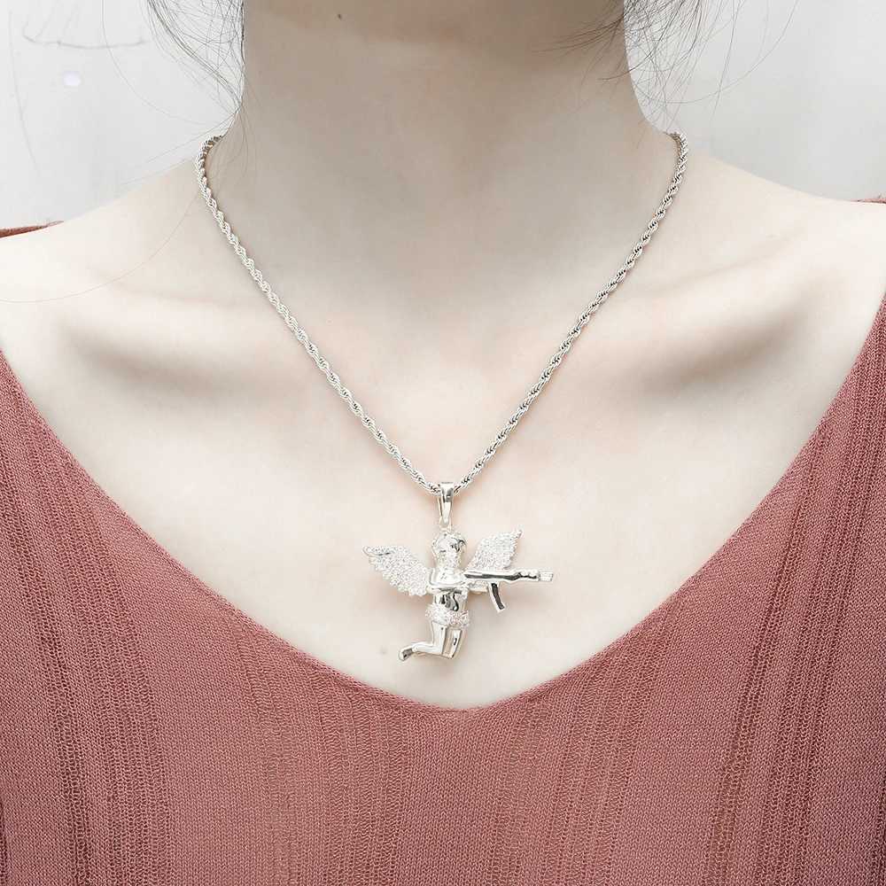 Hip Hop Rapper Punk New Trend d Out Angel With Gun Diamond Jewelry Vengeance Angel Wing Pendant Choker Necklace Wen Gift X250224