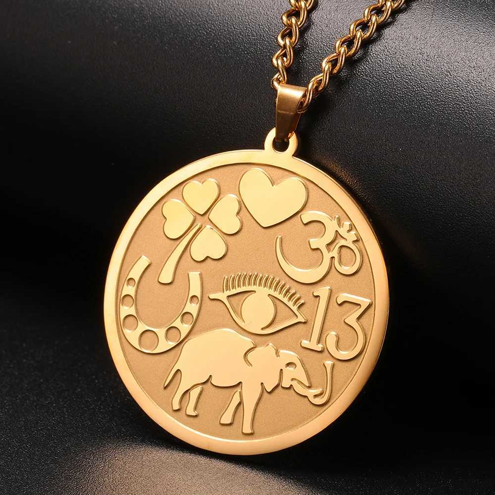 DAWAPara Good Luck Elephant Medallion Necklace Powerf Protection Amet Ohm Symbol Evil Eye Necklace StainlESS Steel X250224