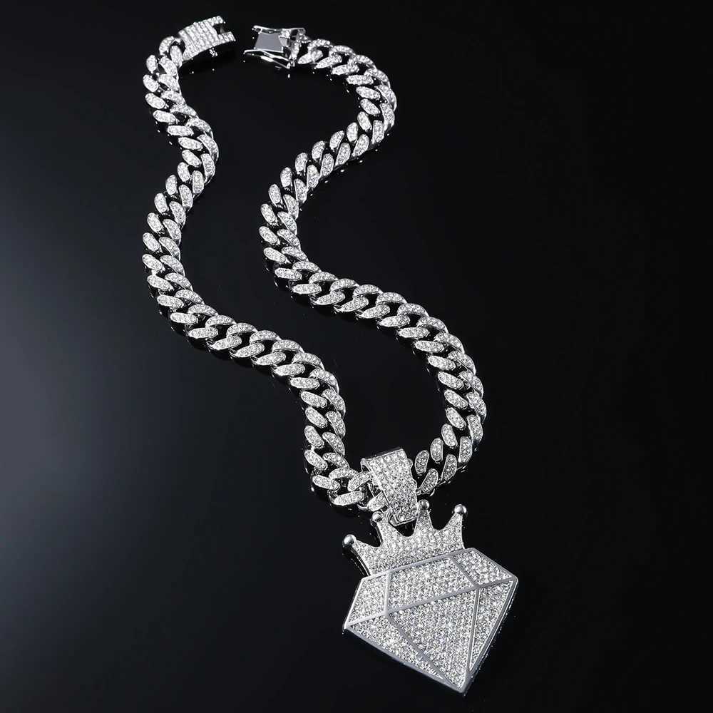 Hip Hop and Out Crown Pendant Necklace With 1m Rhinestone Cuban Chain Bling Necklaces Men Wen Fashion Charm Jewelry Gift X250224