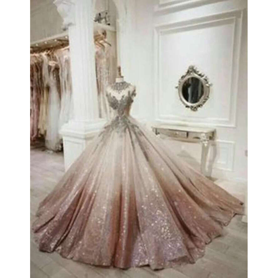 Color Gradient Rose Gold Sequins Princess Quinceanera Dresses Crystal Beads Plus Size Engagement Dress Ball Gown Sweet Prom Gowns