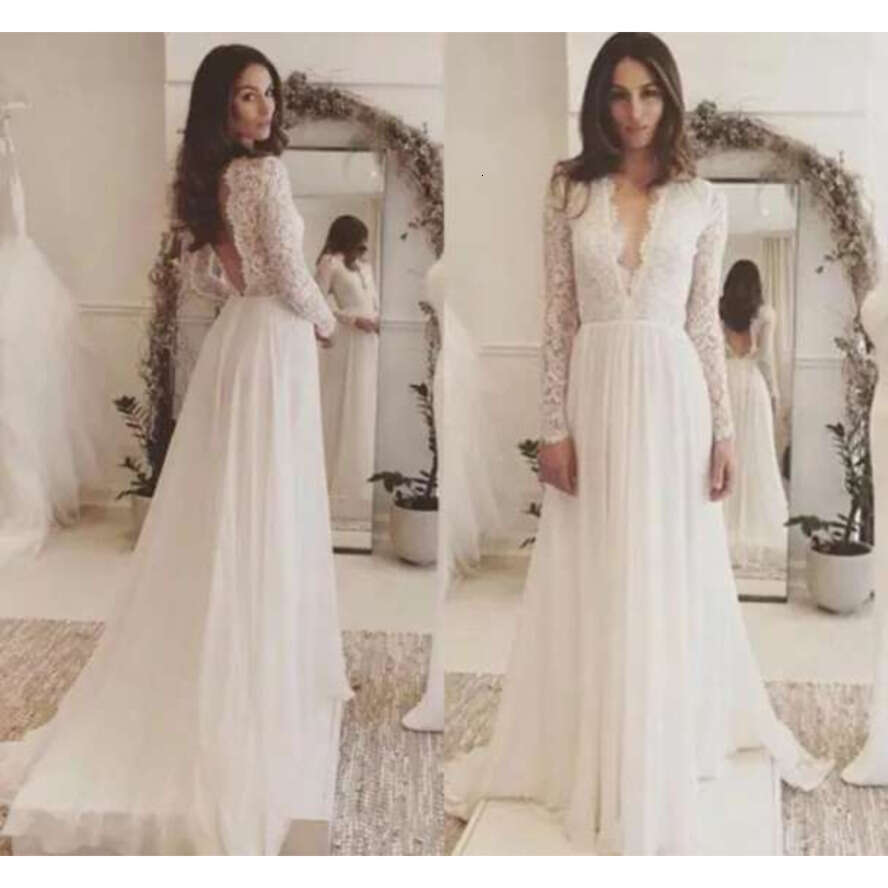 Boho 2024 Long Sleeve Lace Appliques Chiffon Wedding Gown Summer Beach Bride Dress Robe Mariage