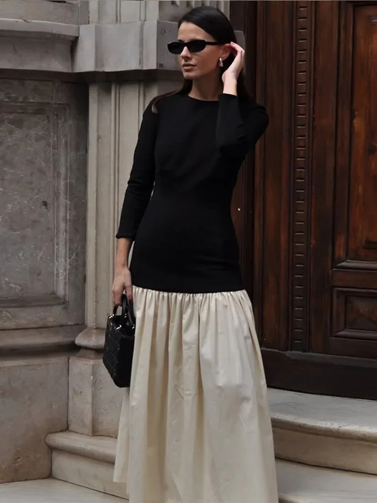 Elegant Contrast Spliced Pleated Maxi Hem Dress Womens Round Collar Long Sleeve Slim Robe Female Partywear Dresses 250222