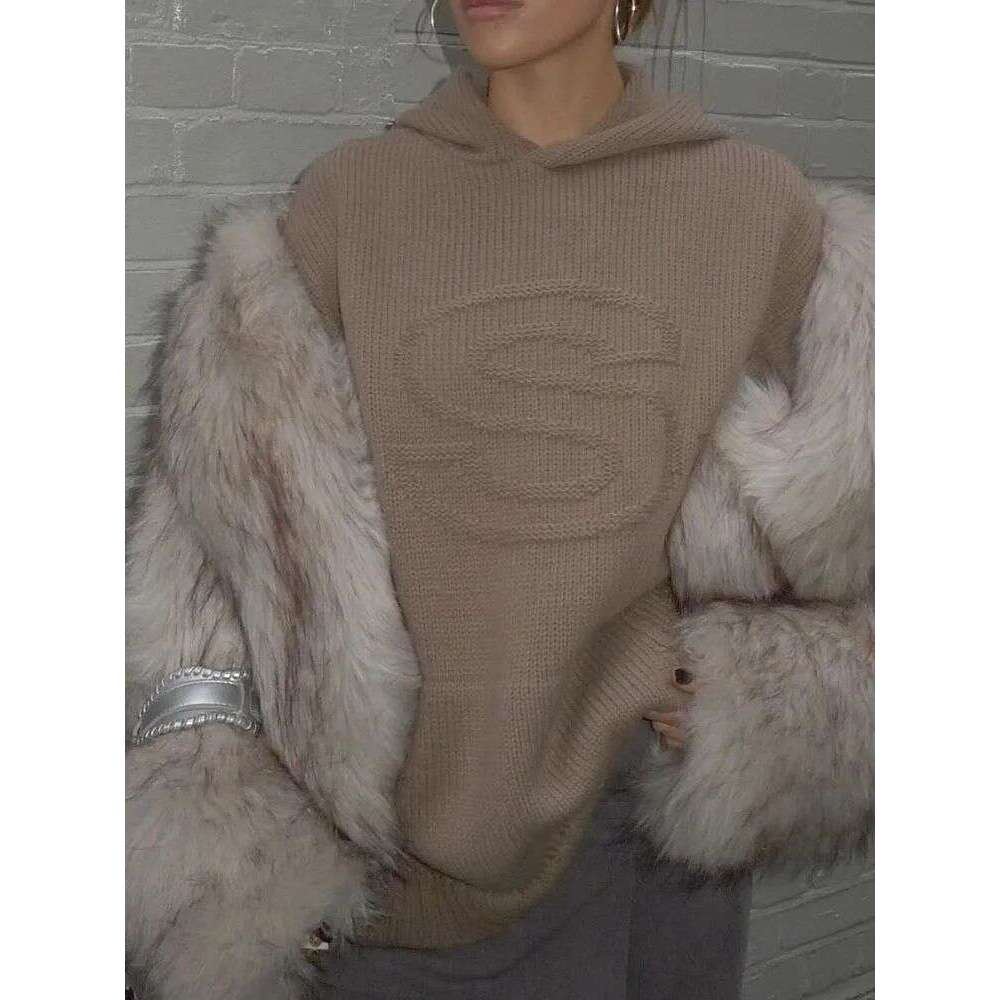Y2K hooded casual letter knitted trendy loose sweater for autumn and winter 2025 season