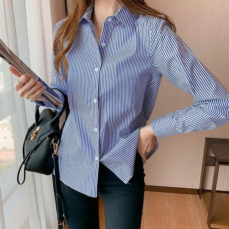 Profession Office Printing Striped Single-breasted Blouse Women Long Sleeve Turn-down Collar Korean All-match Lady Shirt 250224