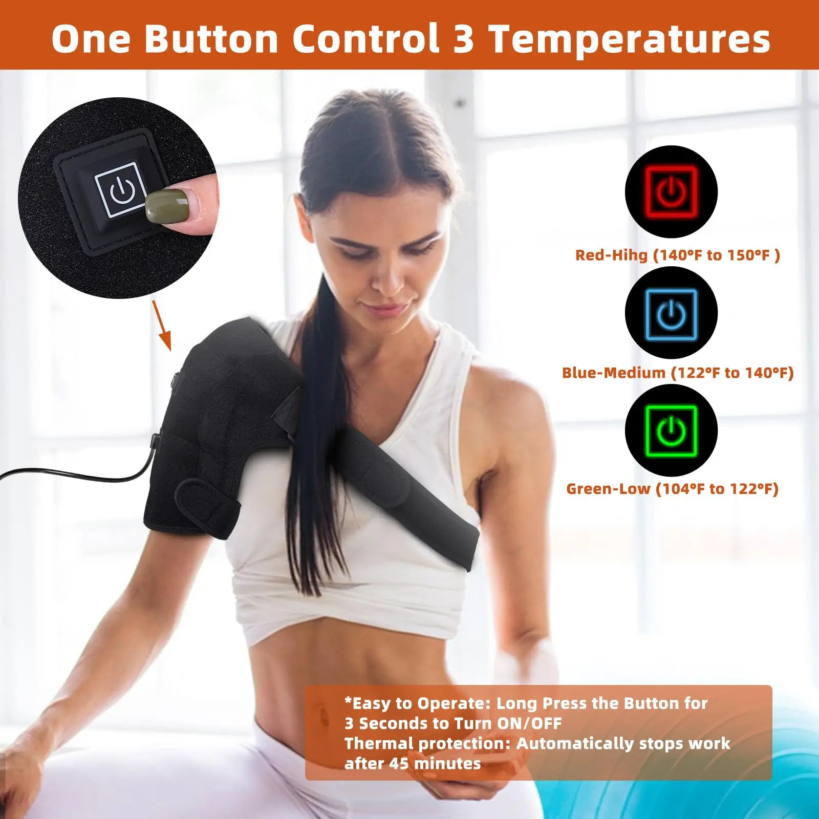 Heated shoulder wrap bracket with adjustable shoulder heating pad and extension strap to relieve frozen shoulder pain 250222