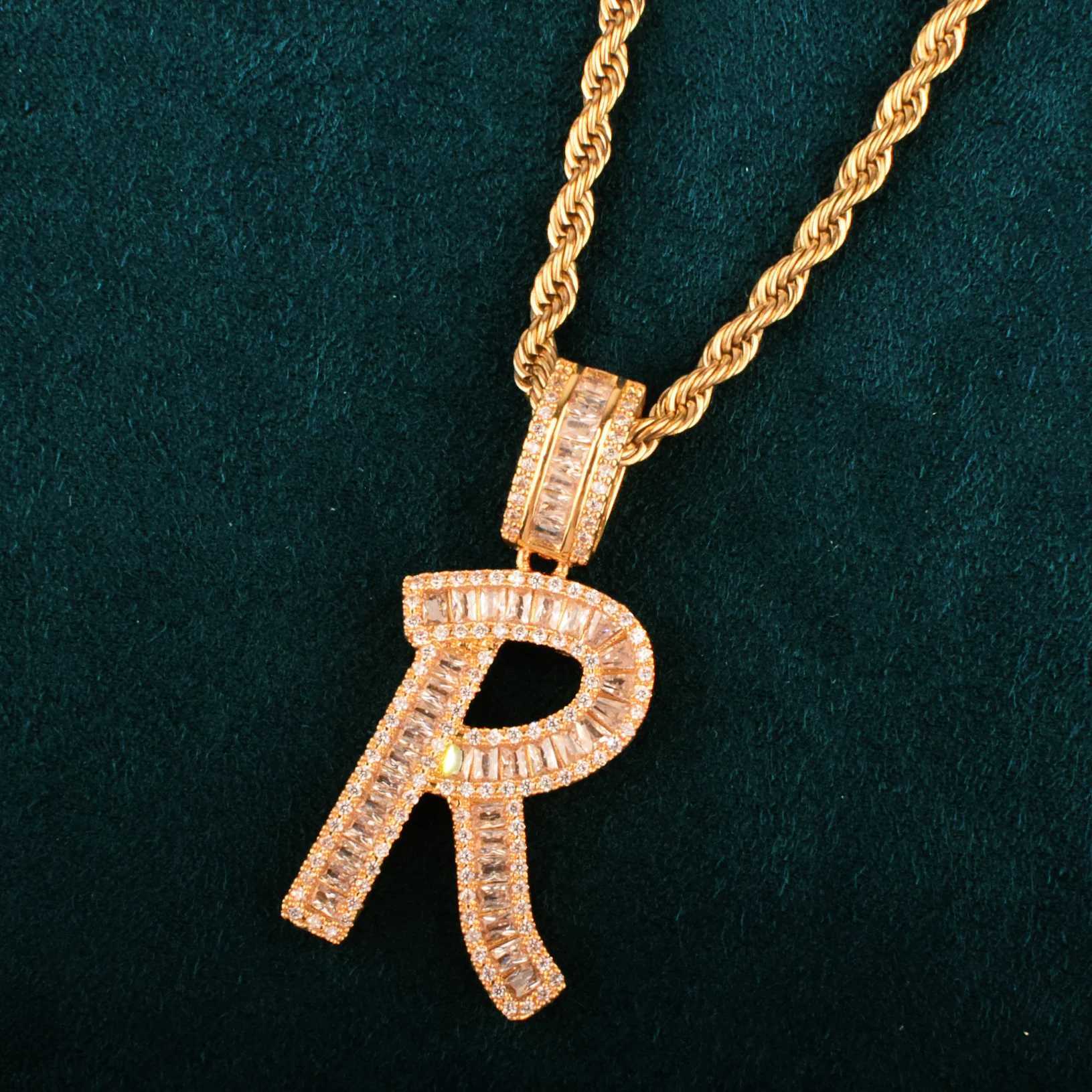 Initials Letters Pendant For Men Wen Gold Color Bling Zirconia A-Z Name Necklace Chain Link Hip Hop Jewelry X250224