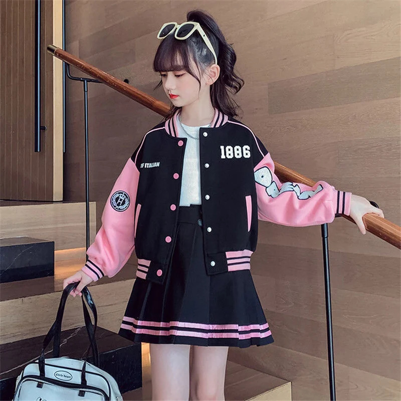 Girls Fashion Clothing Sets Spring Autumn Kids Baseball Sports Suit Children Jacket Pleated Skirt 2Pcs Student Uniform Outfits 250224