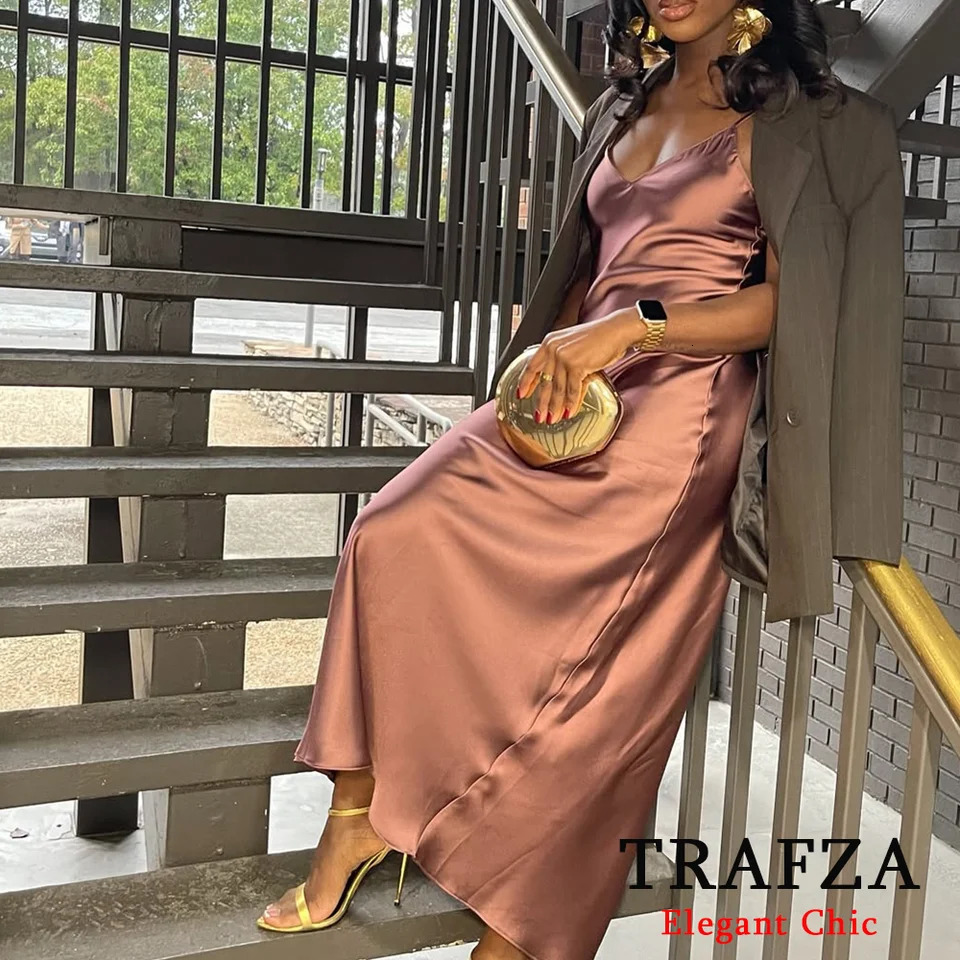 TRAFZA Women Sexy Stain Long Dress Thin Strap Backless Slim Fashion Glamorous Nightwear 250222