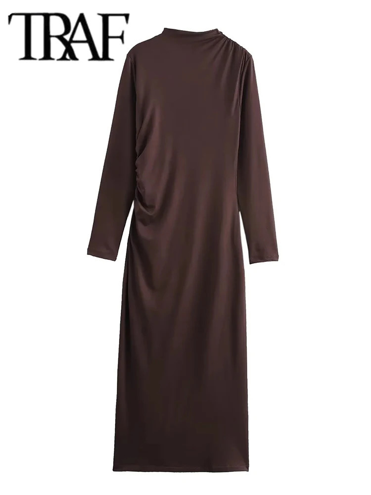 TRAF Ruched Long Dresses for Women Autumn Fashion Stand Collar Sleeve Midi Dress Woman Evening Party 250222