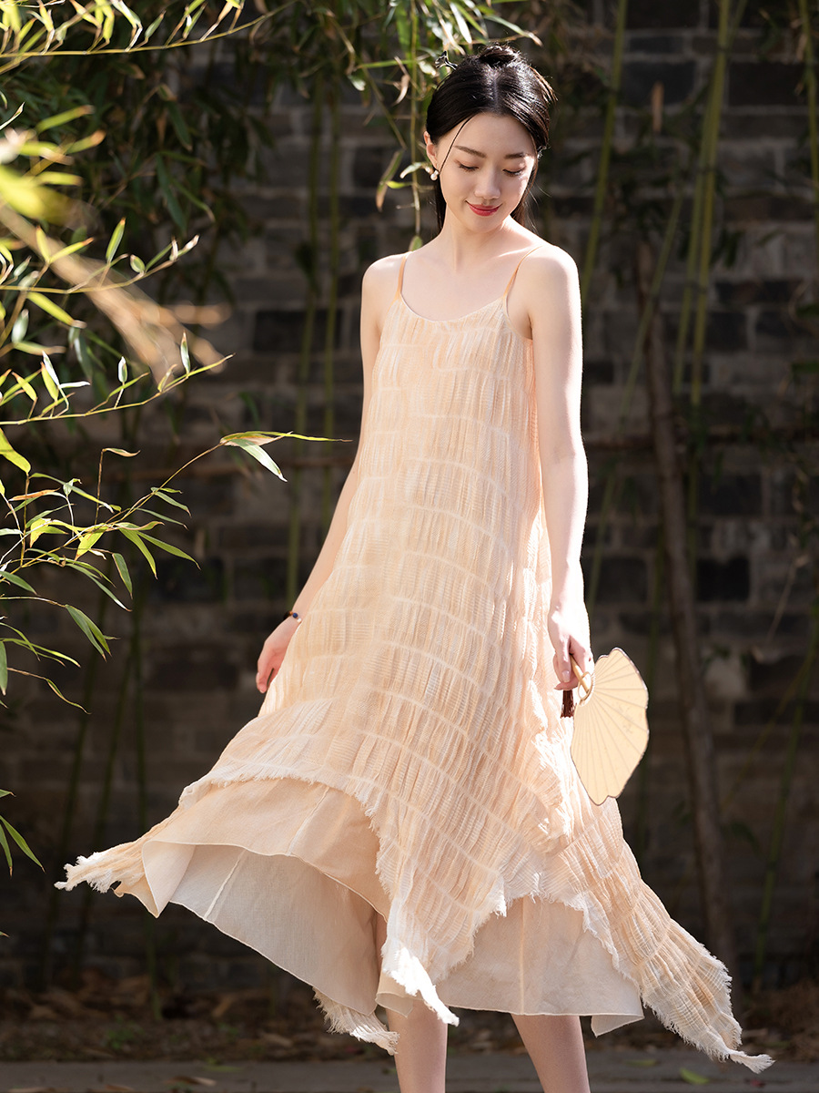 H12260 Plant-dyed wrinkled jacquard irregular niche suspender long skirt female travel shooting fairy slim dress