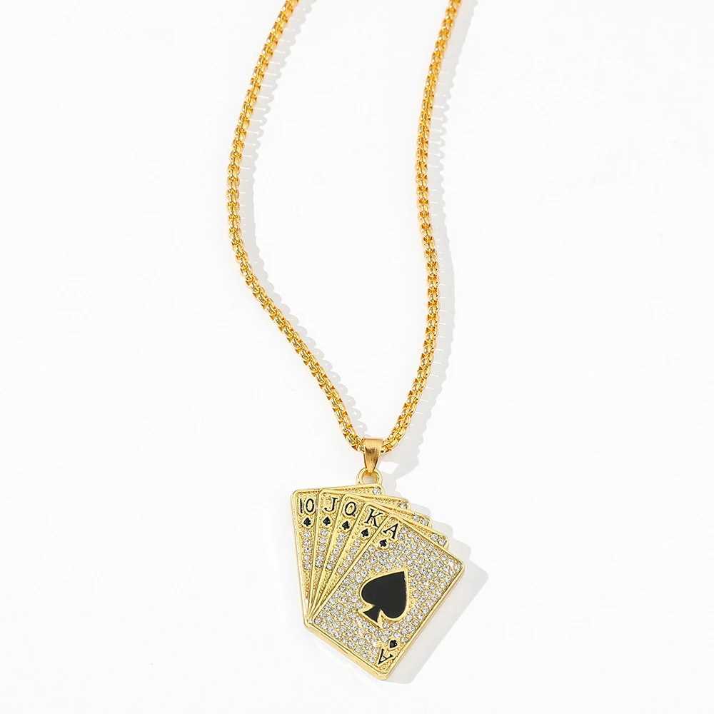 Mens Statement Fl Rhinestone Lucky Ace of Spades Pendant Necklace Gold Color Jewelry Fortune Playing Cards X250224