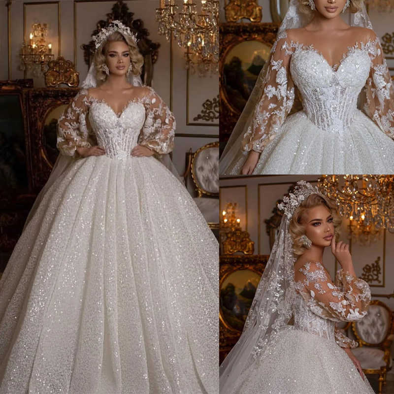 Princess A e Wedding Dresses Sheer Neck Lace Appliques Long Sleeve Bridal Gowns Illusion Sequined Bride Dress Customized