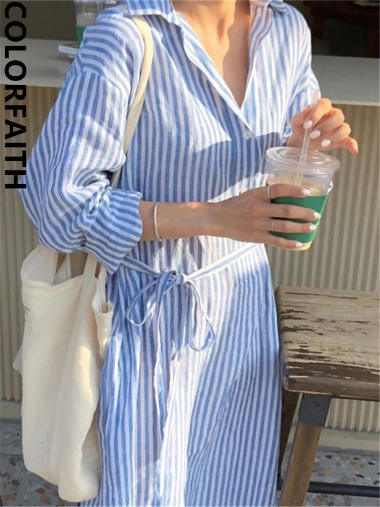 Colorfaith DR2268 Striped Lace Up Cotton and Linen Shirt Dress Spring Summer Women Korean Fashion Chic Long Dresses 250222