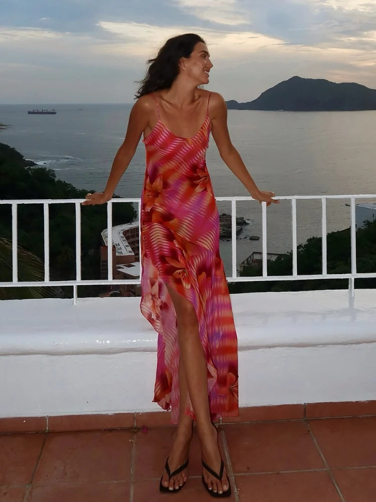 Summer Women Sexy Printed Flower V Neck Dress Fashion Sleeveless Backless Sling Midi Dresses Female Beach Vacation Robe 250222