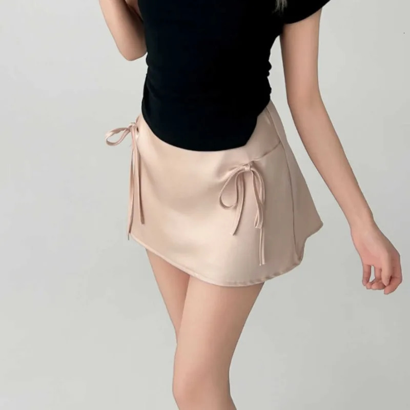 Solid Mini Skirts Women Summer Sweet s Bow High Waist Slim Leisure All-match A-line Korean Fashion Temperament Gentle Chic 250224