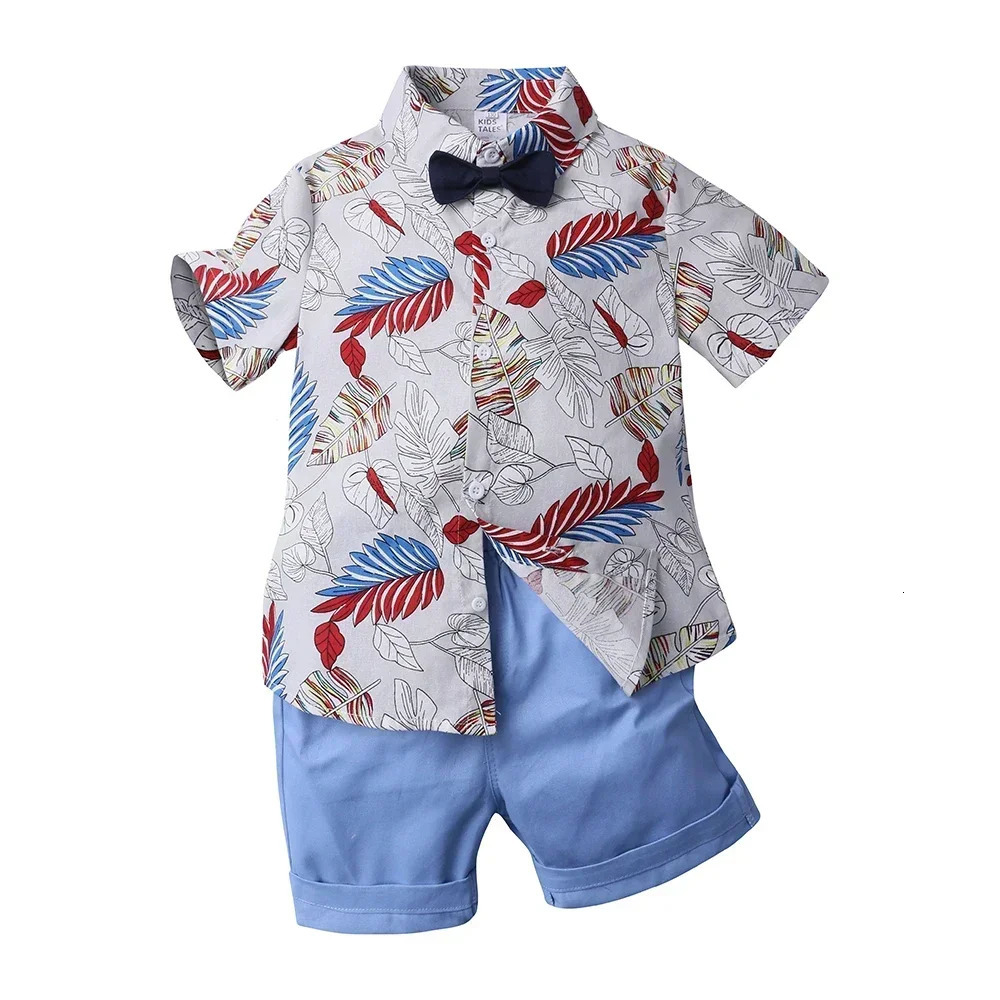 Boys Clothes Sets Infant Kids Floral Print Short Sleeve Shirt Bowtie ShirtShorts Baby Gentleman Suits Summer Hawaiian Outfit 250224