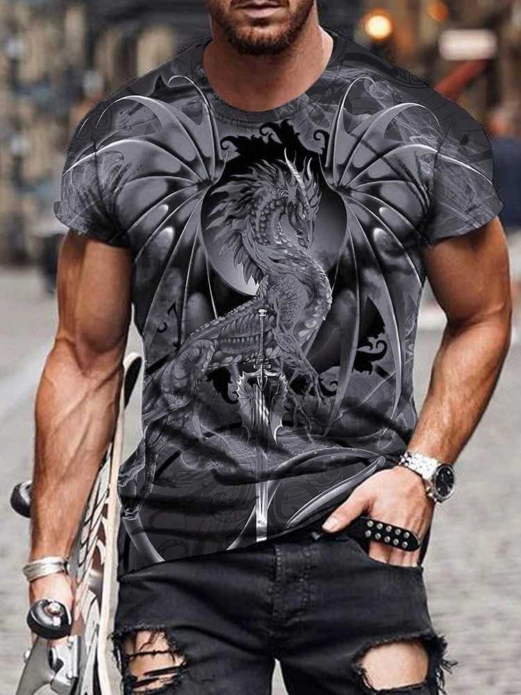 New Summer Daily Casual Mens Tops Street Fashion Dragon And Skull Printed Mens T-shirt Outdoor Sports Light Breathable Mens Tee W250224