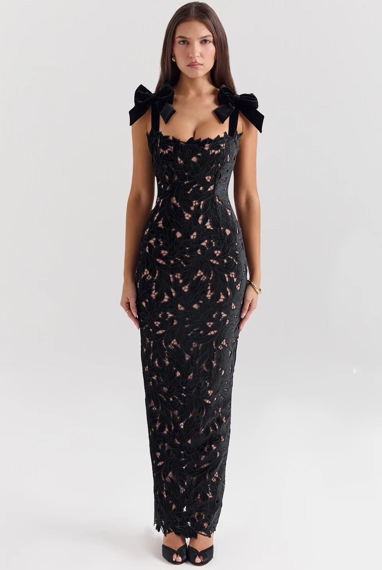 Spring Summer Fashion Women Bows Lace Sexy Maxi Dress For Backless Bodycon Birthday Club Party Sleeveless Long Dresses 250222