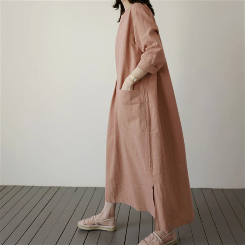 REALEFT Cotton and Linen Womens Loose Long Dresses Pockets High Waist ONeck Casual Straight Dress Female Summer 250222