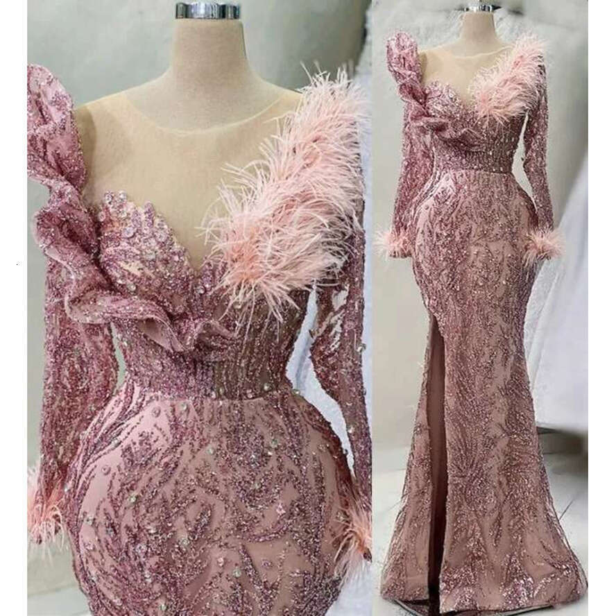 Ebi Aso Arabic Pink Mermaid Prom Dress Feather Crystals Evening Formal Party Second Reception Birthday Engagement Gowns Dresses Robe De Soiree Sh