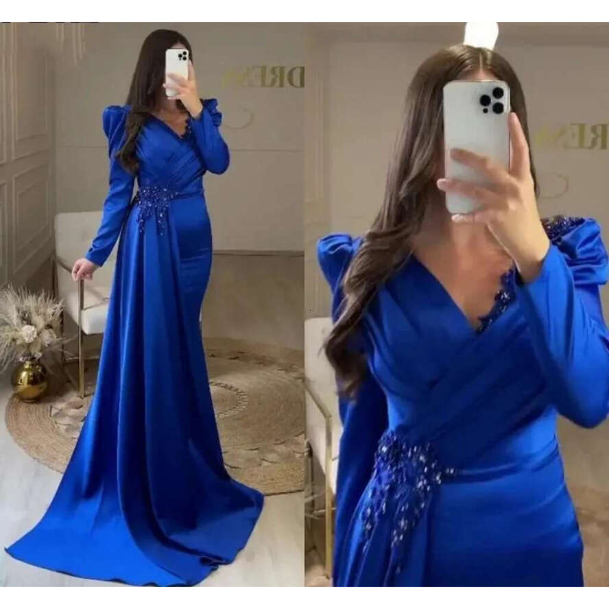 Blue Royal Arabic Aso Ebi Evening Dresses V Neck Lace Appliques Beads V Neck Satin Women Mermaid Formal Prom Gowns Night Party Robe De Soiree