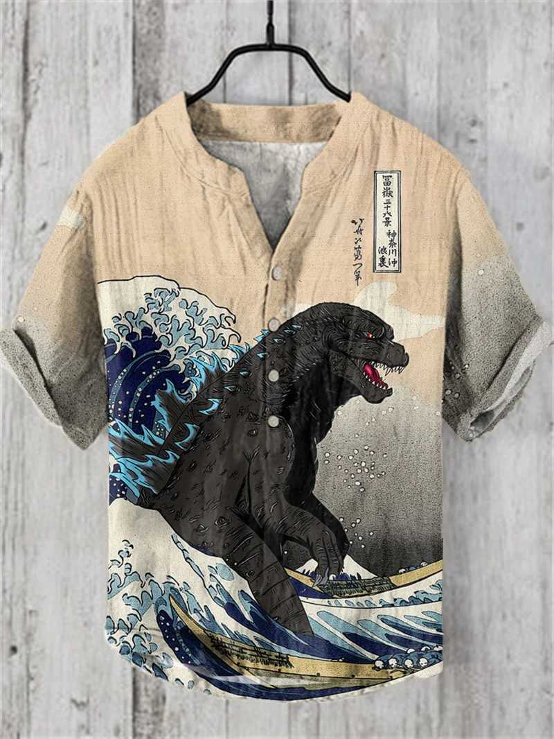 Mens short sleeved shirt retro high-quality linen fabric Chinese style trendy mens outfit button up top V-neckT250224