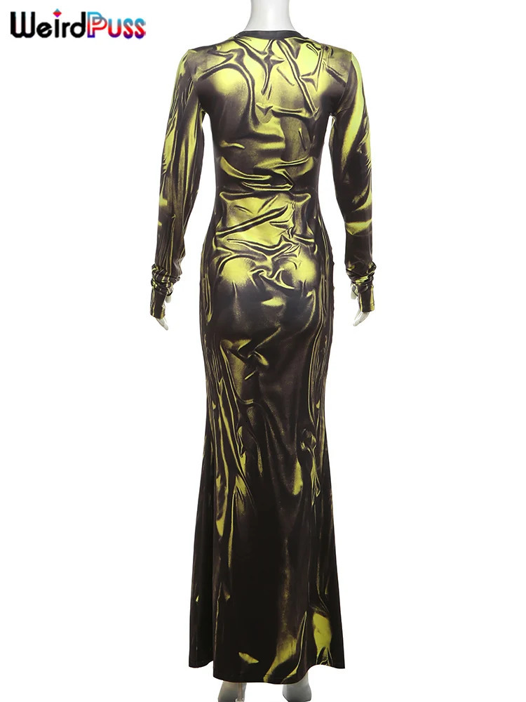 Weird Puss Sexy Light Print Dress Women Fashion Fall Simple oNeck Long Sleeve Street Skinny Stretch Maxi Bodycon 250222