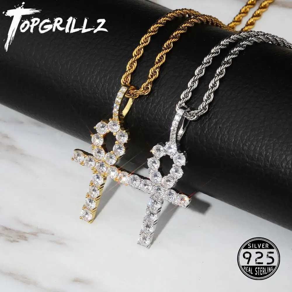 TOPGRILLZ 925 Sterling Silver and Zircon Ankh Cross Pendant CZ Egyptian Key of Life Pendant Necklace Hip Hop Jewelry For Man X250224