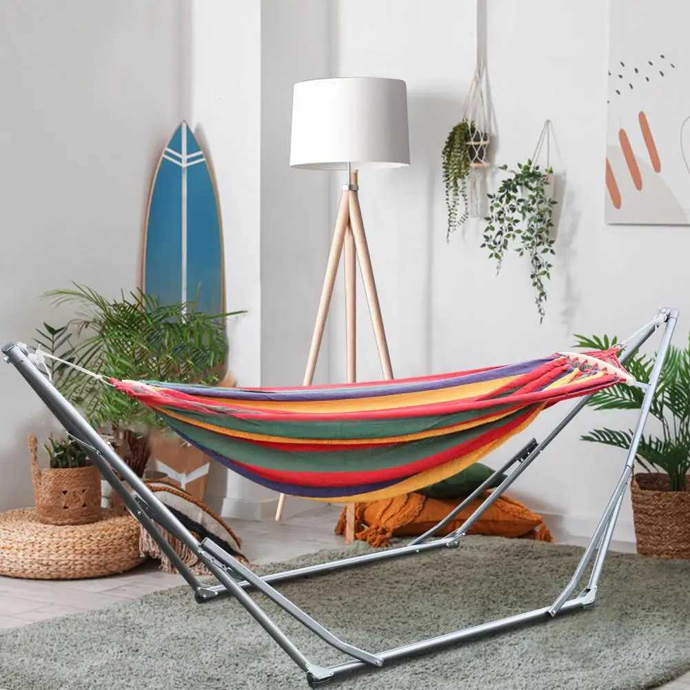 Double Hammock Striped Print Adjustable Height Indoor Hammock With Stand Strong A-Shaped Construction Load-Bearing Hammock Swing X250224