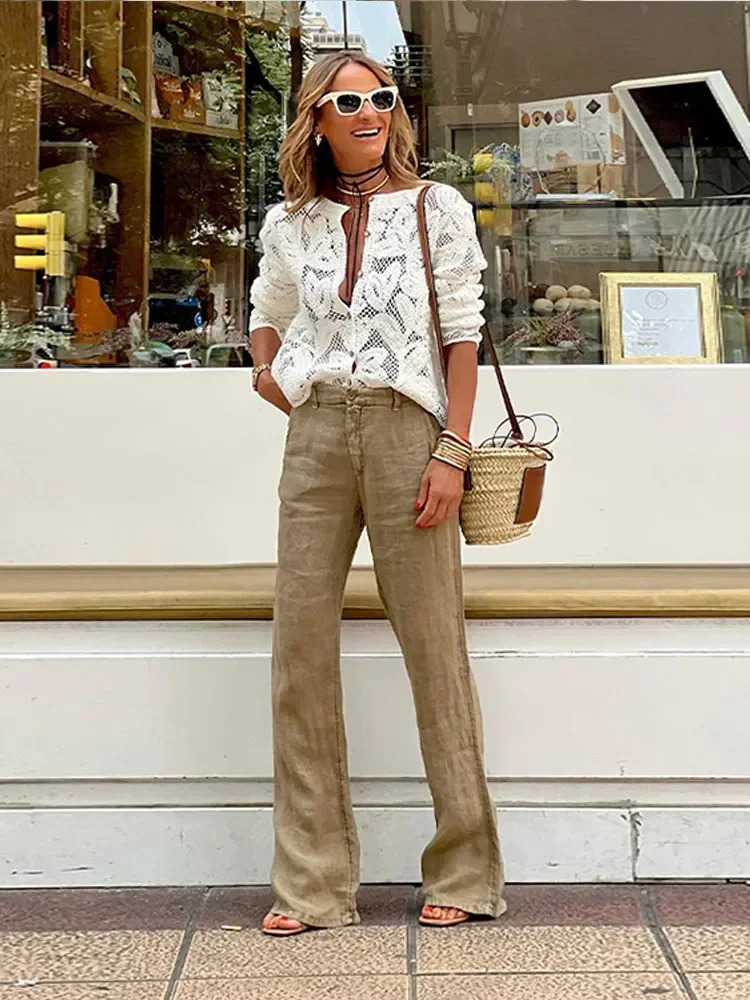 Elegant Women Oneck Single Breasted Crocheting Blouse Chic Long Sleeve Hollow Out Shirt Lady High Streetwear Commute Wear 250222