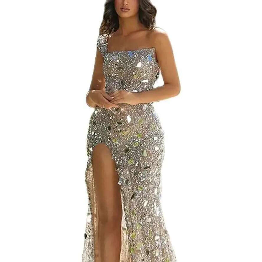 Sparkg Sequined Mermaid Prom Dresses Sexy One Shoulder Evening Gowns Side Split Applique Formal Dress