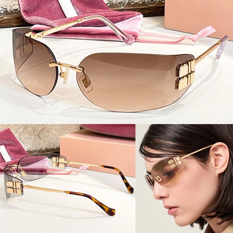 Women Metal Pilot Sunglasses A51 Luxury Designer Women Rimless Sunglasses Bronze Curved Lens Light Gold Metal Logo UV400 Fashion Sexy Lady Glasses with pink box