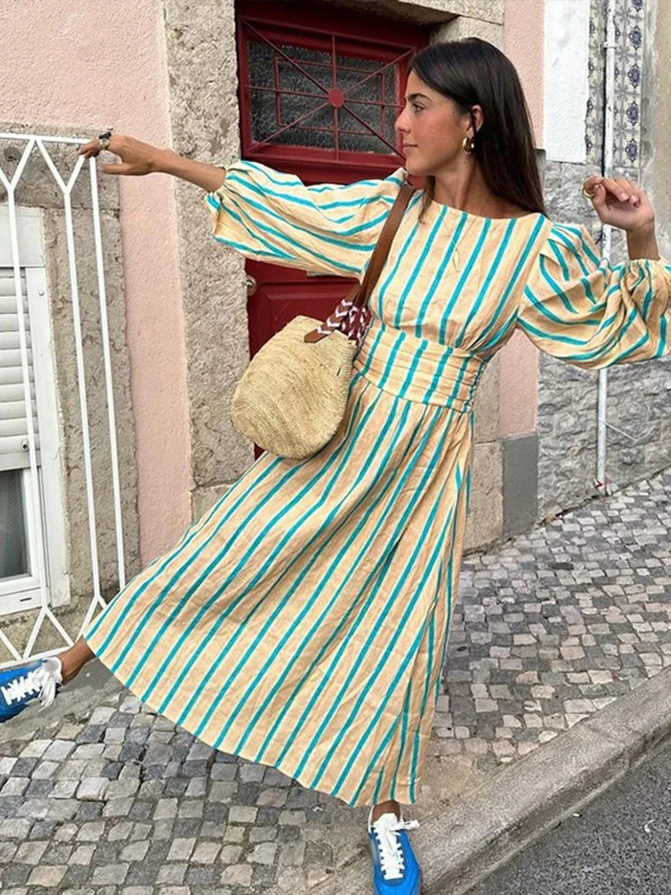 Fashion Striped Print Backless Long Dress For Women Elegant O Neck Lantern Sleeve Midi Dresses 2024 Summer High Waist Beach Robe 250222
