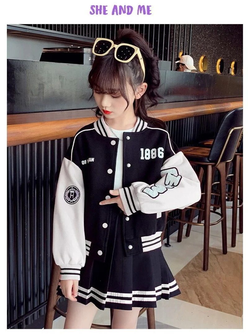 Girls Fashion Clothing Sets Spring Autumn Kids Baseball Sports Suit Children Jacket Pleated Skirt 2Pcs Student Uniform Outfits 250224