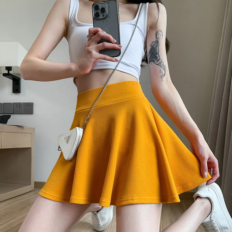 Summer Basic Skirts Women Shorts Mini Elastic Pleated Skirts High Waist Bubble Sun Skirts School Uniform Lined Safety Pants 250224