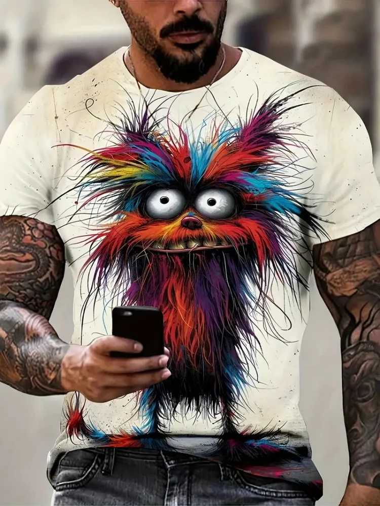 Interesting cartoon animal print mens fashionable short sleeved Harajuku street fashionable comfortable breathable mens T-shirt W250224