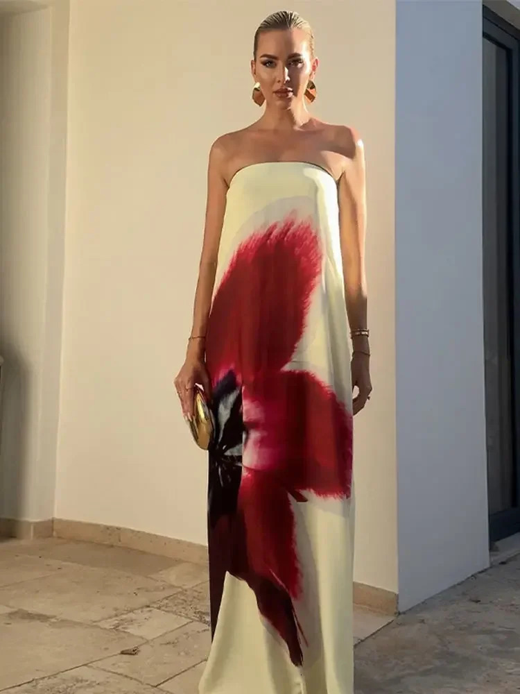 Floral Printed Strapless Loose Robes Women Sexy Off Shoulder Sleeveless Backless Maxi Dress Fashion Lady Party Vestidos 250222