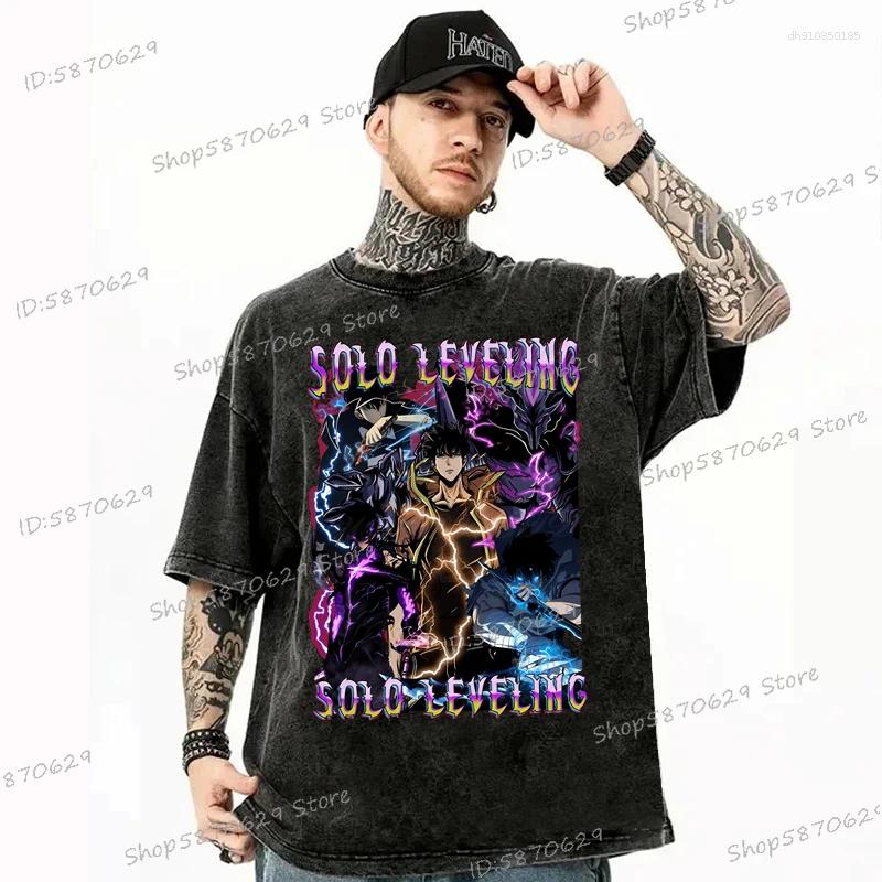 Men's T Shirts Anime Solo Leveling Shirt Cotton Vintage Washed Sung Jin Woo T-shirts Streetwear Retro Manga Men Women Tops