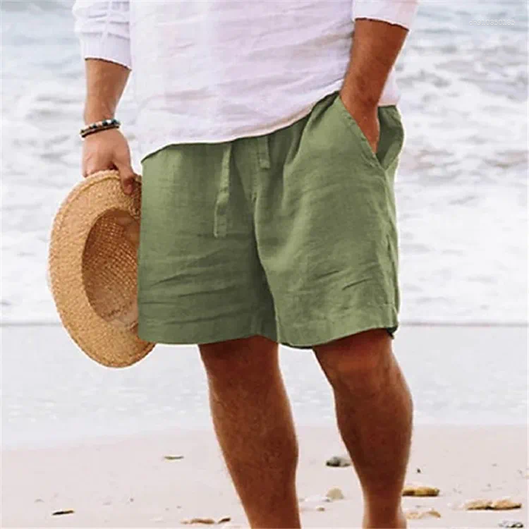 Men's Shorts Cotton Linen Men Short Pants Summer Solid Drawstring Elastic Waist Pockets Male Casual Streetwear Beach