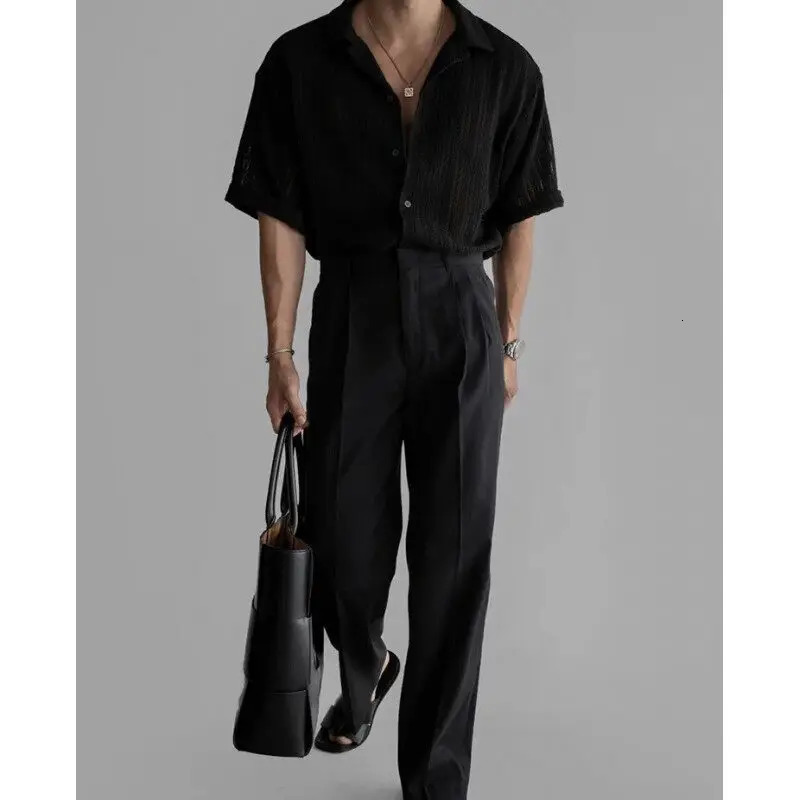 Vintage Cuban Collar Hollow Short Sleeved Shirt Men Korean Fashion Loose Casual Shirts Gentlemans Lazy Style Shirt Men Clothing 250222