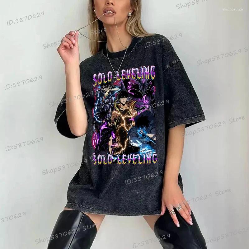 Men's T Shirts Anime Solo Leveling Shirt Cotton Vintage Washed Sung Jin Woo T-shirts Streetwear Retro Manga Men Women Tops