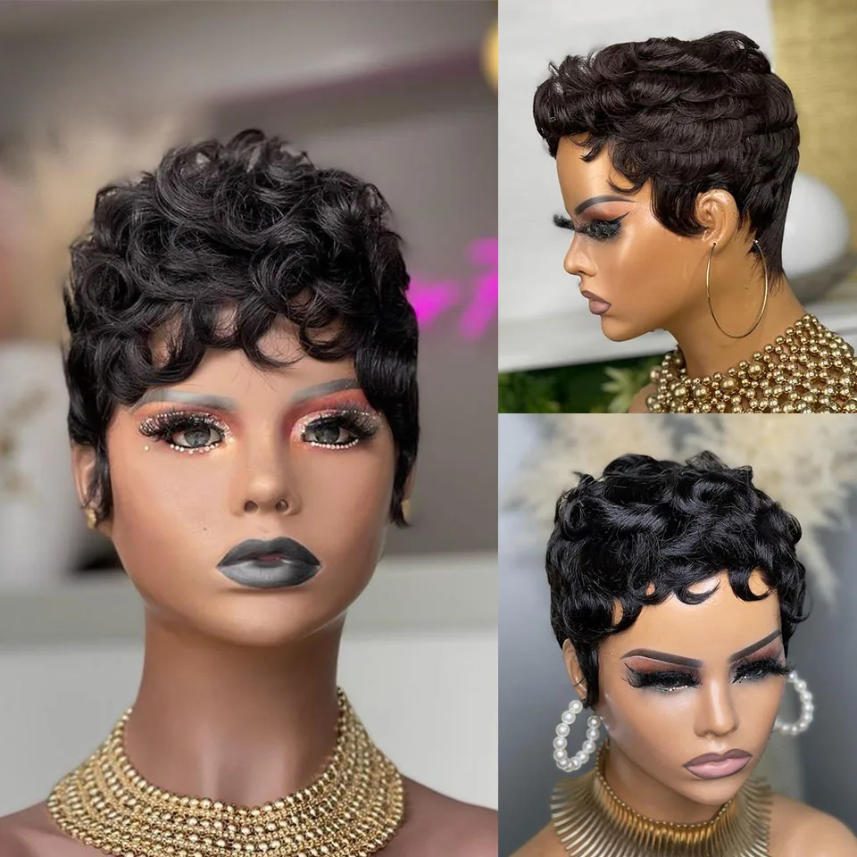Black Pixie Cut Human Hair Wigs for Black Women Deep Wave Glueless Full Short Lace Front Wigs with Bangs Short Bouncy Curly Bob Wig with Bangs