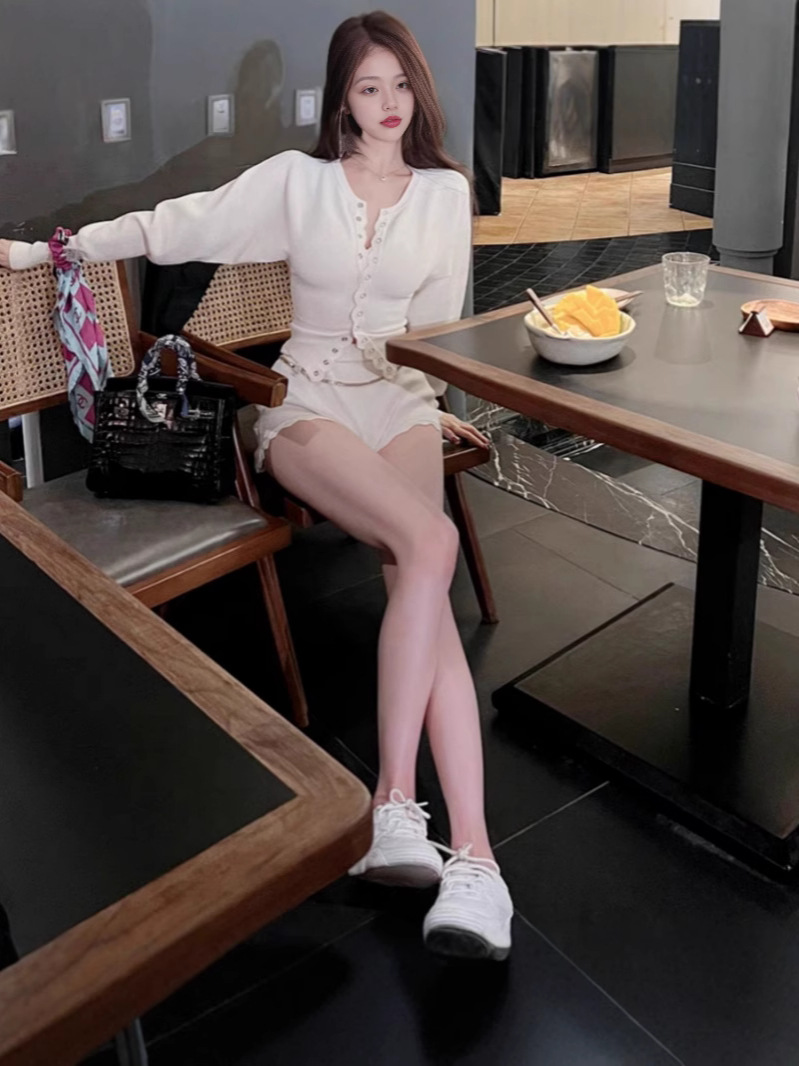 Women's Tracksuits Elegant Knitted Long Sleeve O-neck Short Cardigans Set Fashion Women Elastic Bodycon Shorts Suits Female Street Club