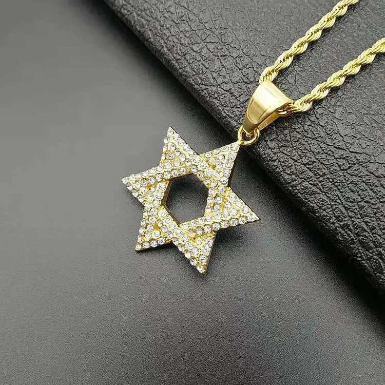 New 1pcs Hip Hop Rhinestone Gold Color Stainless Steel Necklaces Is Star Of David Hexagram Pendant Necklace For Men Rapper X250224