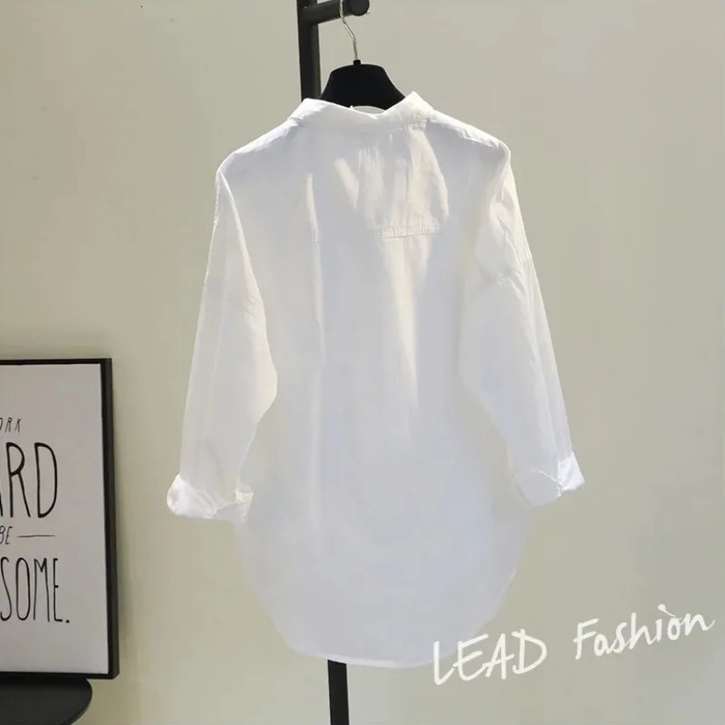 Casual Button Cotton White Womens Shirt Spring Long Sleeve Solid Loose Blouses Office Lady Elegant Tops 250224