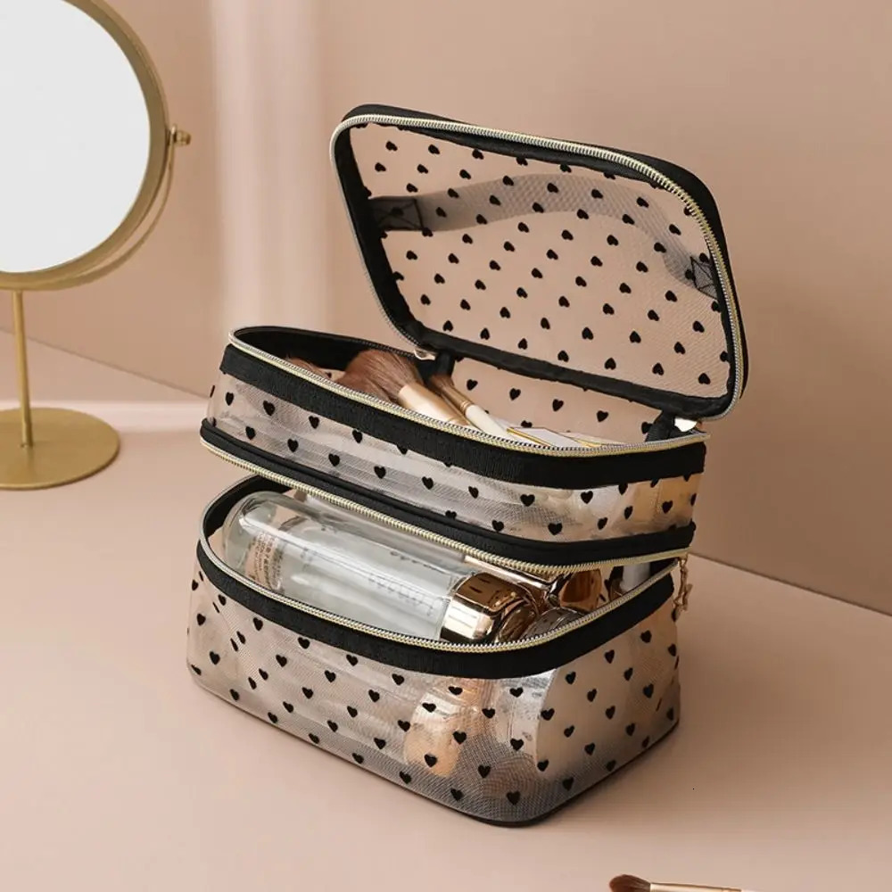 Double layer black mesh makeup bag travel portable large capacity makeup box organizer storage bag zipper makeup bag 250214