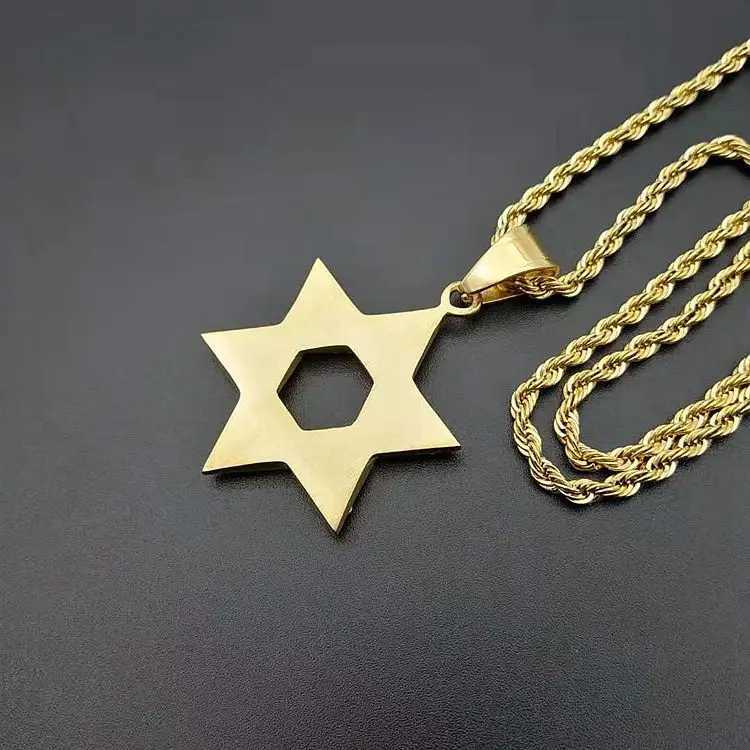New 1pcs Hip Hop Rhinestone Gold Color Stainless Steel Necklaces Is Star Of David Hexagram Pendant Necklace For Men Rapper X250224