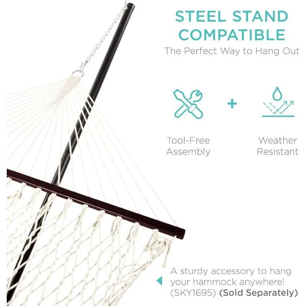 2-Person Double Hammock Outdoor Woven Cotton Rope Hammocks for Backyard Patio w/Spreader Bars X250224