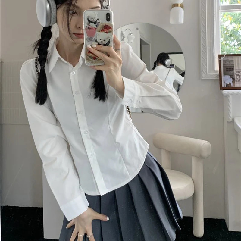 Rimocy College Style Y2K White Shirt Women 2025 Chic Long Sleeve Cropped Blouse Woman Korean Turndown Collar Slim Shirts Female 250224